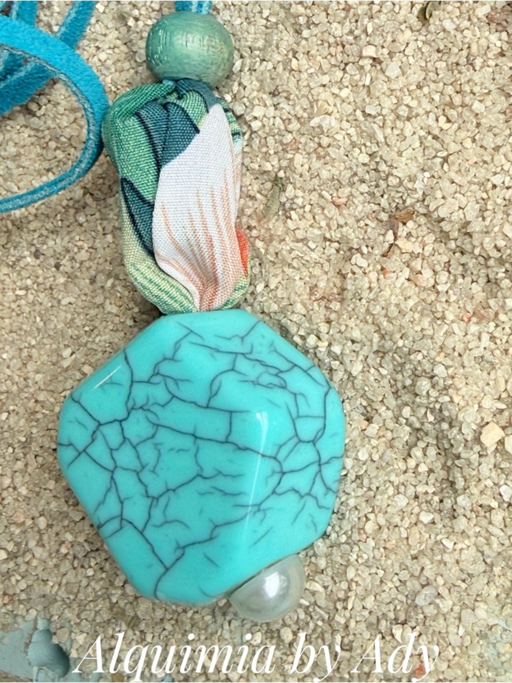 Exaggerated Turquoise acrylic Pendant Necklace with Teal Suede Cord - Picture 5 of 9